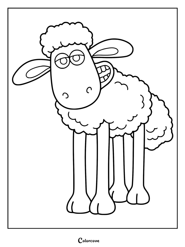 A black and white line art coloring page of a sheep from Shaun the Sheep with long thin legs and a wide toothy grin.