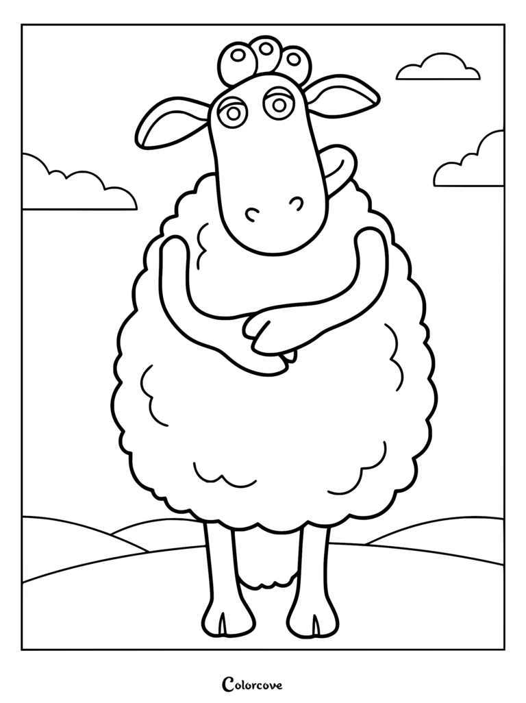 Large round woolly sheep Shirley standing with arms crossed in a meadow, featuring thin legs and fluffy clouds in a black and white coloring page.