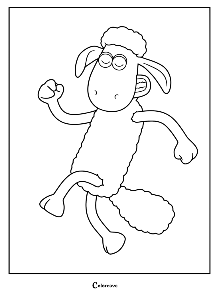 Detailed line art coloring page of Shaun the Sheep leaping mid-air with closed eyes and a clenched hoof.