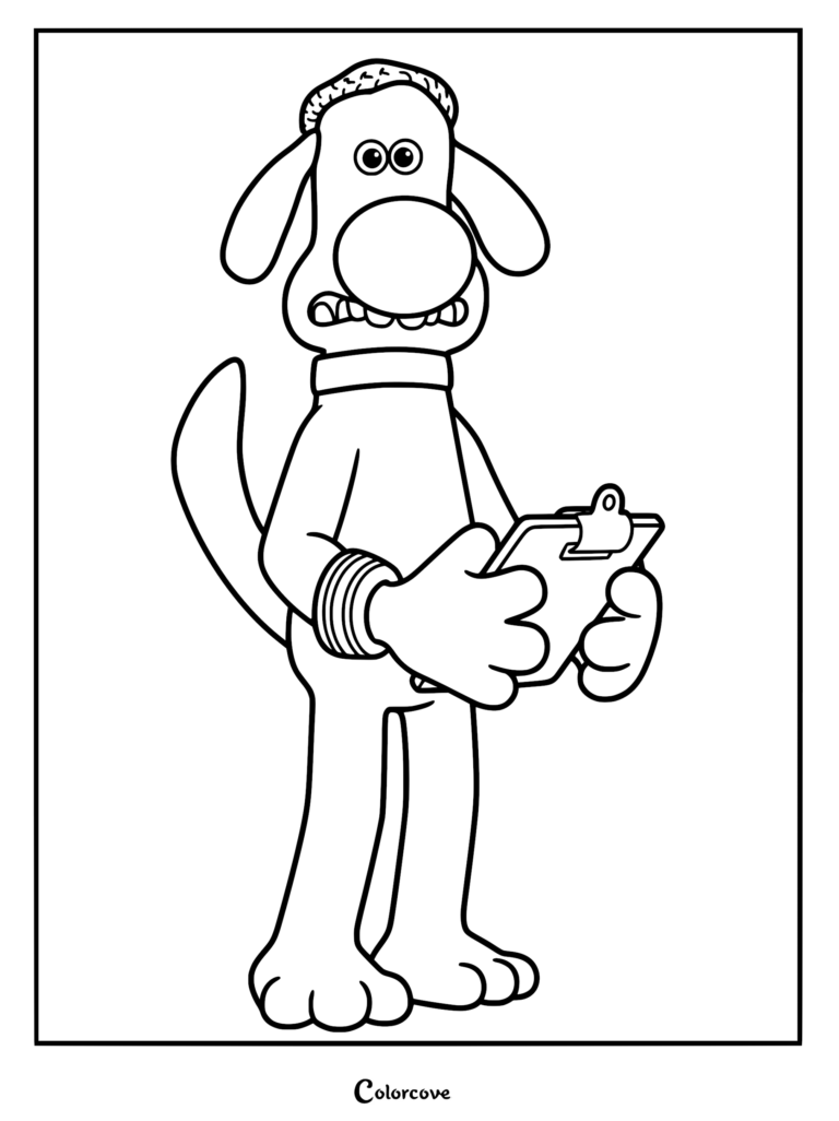 A detailed line art coloring page featuring Bitzer the sheepdog from Shaun the Sheep holding a clipboard, wearing a knit cap and sweatband.