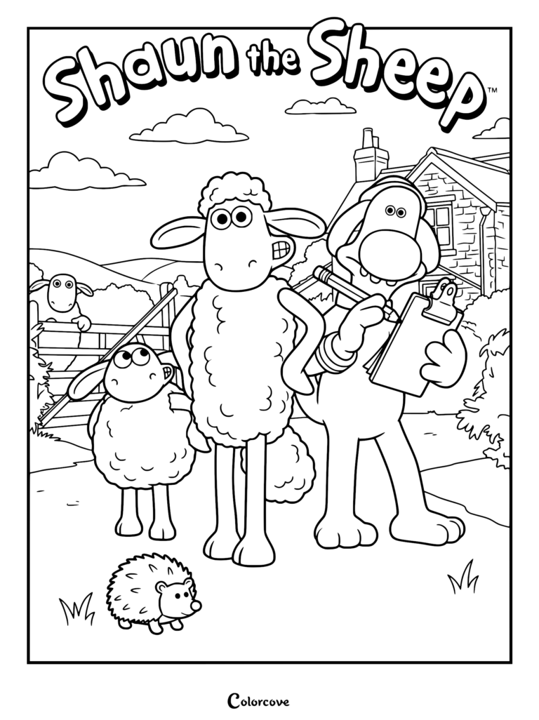 Shaun the Sheep coloring page featuring Bitzer writing on a clipboard, Shaun standing with hands on hips, Timmy, and a hedgehog.