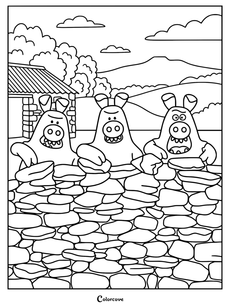 A detailed coloring page featuring the three Naughty Pigs from Shaun the Sheep peering over a rustic dry-stone wall with a farm cottage and hills in the background.