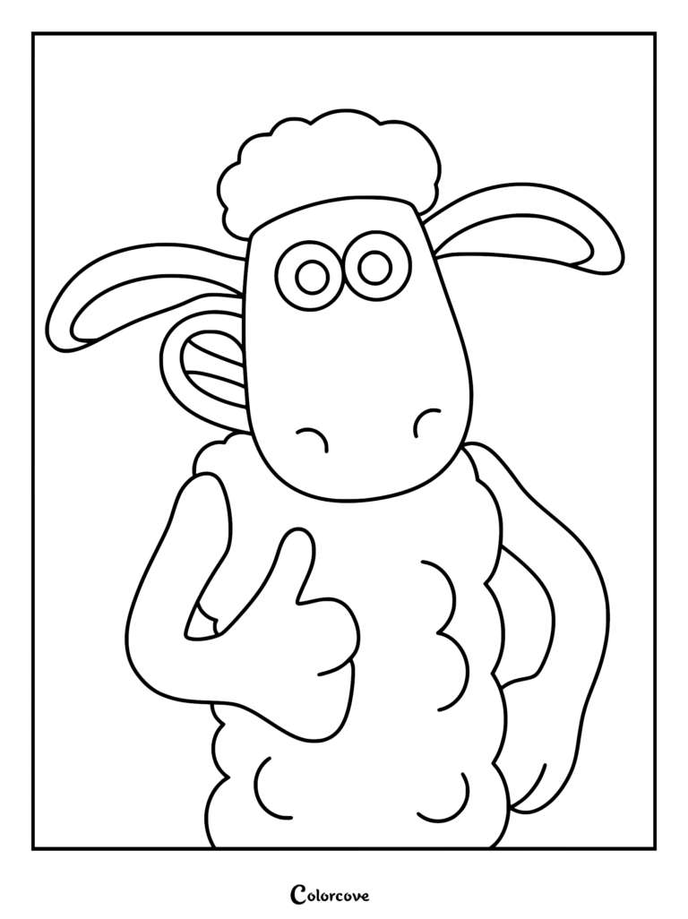 Shaun the Sheep coloring page illustration with bold outlines, depicting the character giving a thumbs up with large circular eyes and floppy ears.