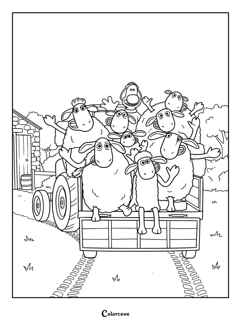 Detailed coloring page of Shaun the Sheep, Bitzer, and the flock waving from the back of a tractor trailer with tire tracks on the ground.