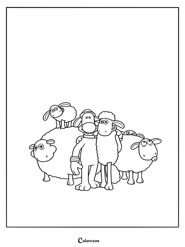Shaun the Sheep coloring page showing Bitzer the dog, Timmy, and the flock posing together in black and white line art.
