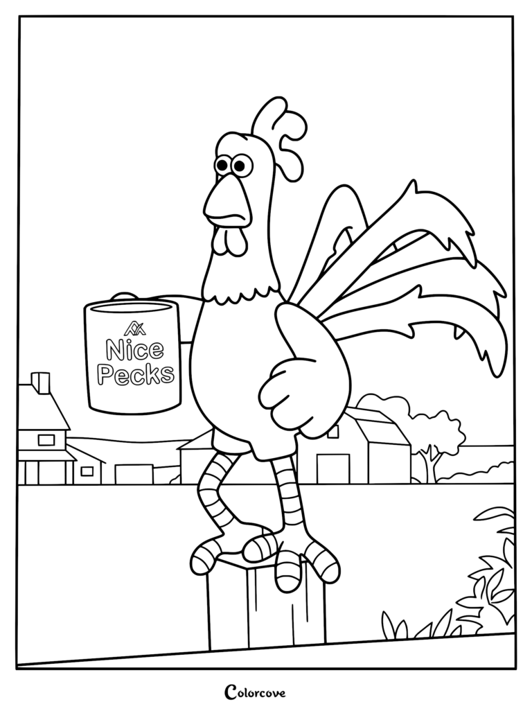 A line art coloring page of the rooster from Shaun the Sheep perched on a wooden post, holding a tin of birdseed labeled 'Nice Pecks' with a farmhouse in the background.