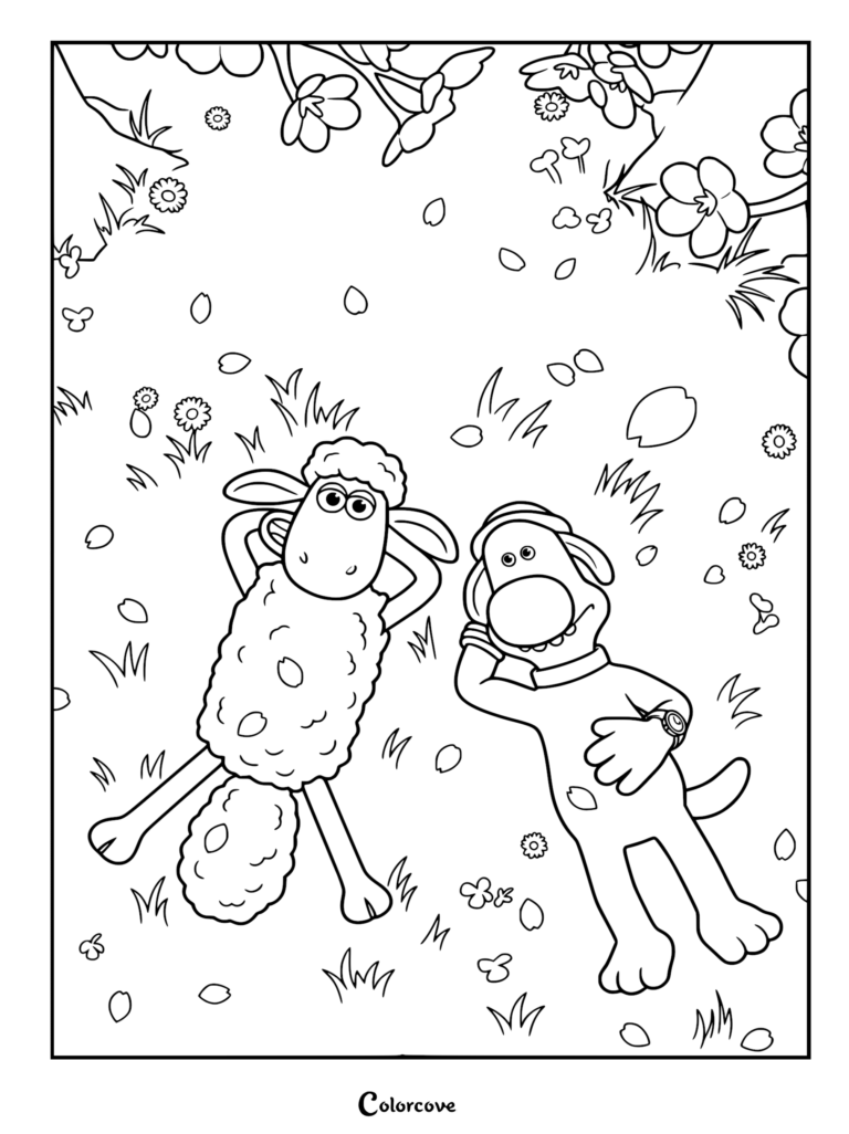 A detailed line art coloring page of Shaun the Sheep and Bitzer resting on their backs in a flowery meadow as blossom petals drift down from overhead branches.