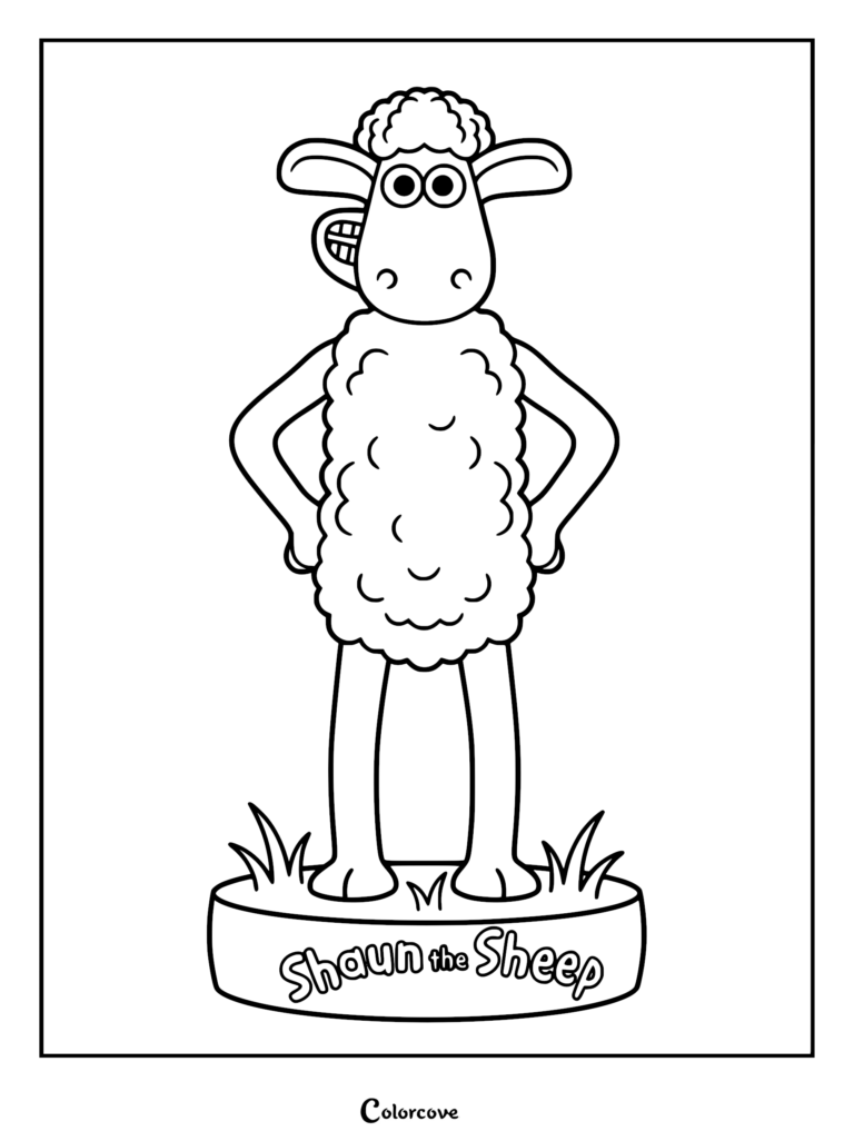 A printable Shaun the Sheep coloring page featuring Shaun standing with hands on his hips, showing a toothy grin on a grassy pedestal.