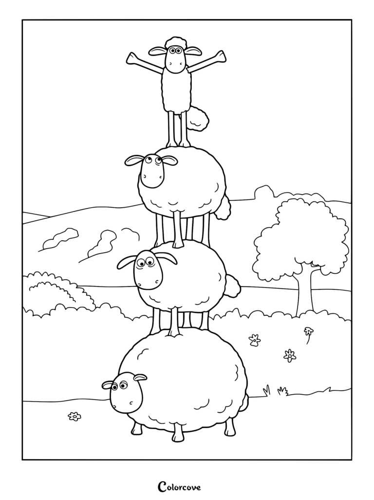 Black and white line art coloring page of Shaun the Sheep standing with arms outstretched on top of a vertical stack of three other sheep in a farm field with a tree and hills.