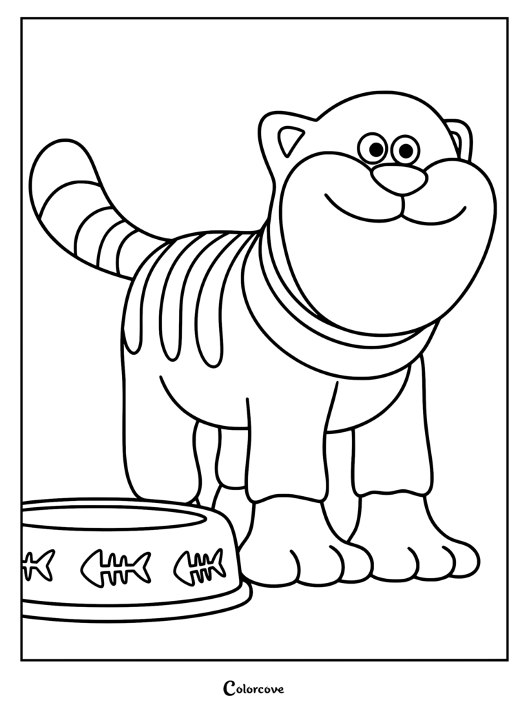 Black and white line art coloring page of Pidsley the striped cat from Shaun the Sheep standing next to a food bowl with fish bones.