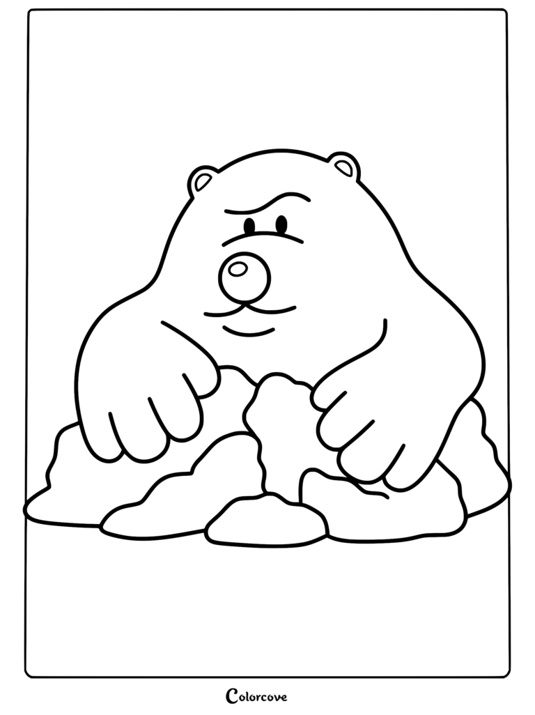 Detailed line drawing for a coloring page showing the mole character from Shaun the Sheep with a furrowed brow and large paws resting on a dirt pile.