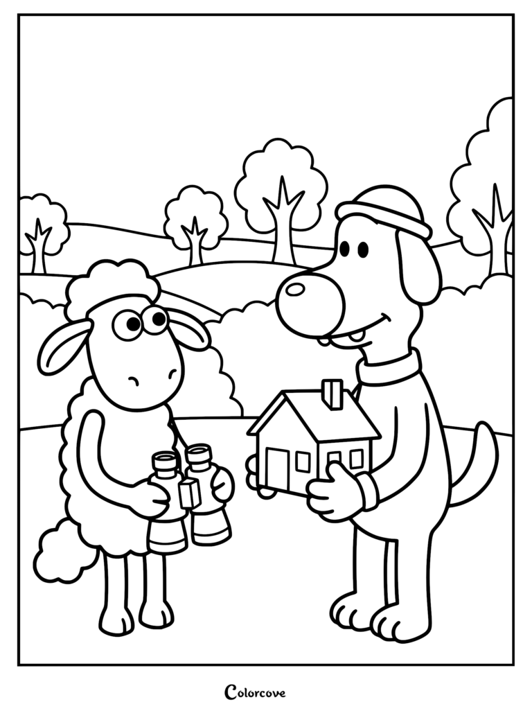 A detailed Shaun the Sheep coloring page showing Shaun holding binoculars and Bitzer the dog carrying a miniature model house in a grassy landscape with trees.