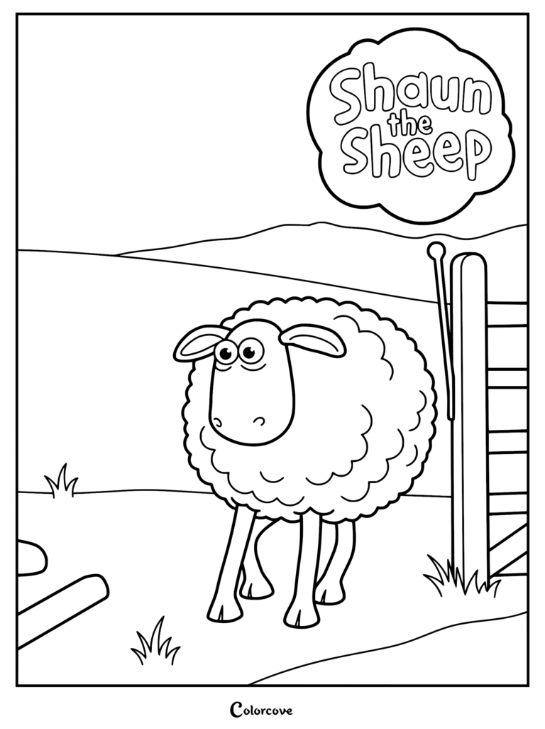 Detailed line art coloring page of a round fluffy sheep standing beside a wooden farm gate with rolling hills in the background.