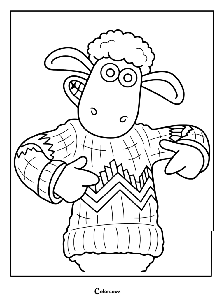 Detailed coloring page of Shaun the Sheep grinning and pointing to his patterned sweater with grid and zigzag designs.