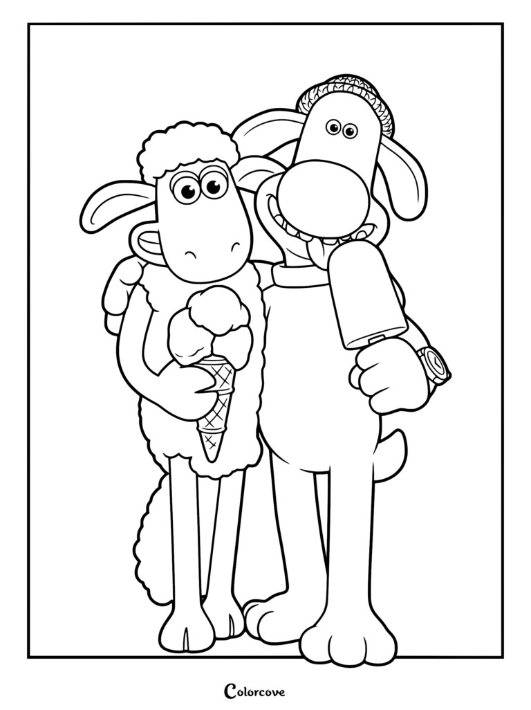 A detailed Shaun the Sheep coloring page featuring Shaun holding a triple-scoop ice cream cone and Bitzer wearing a beanie and watch holding a popsicle.