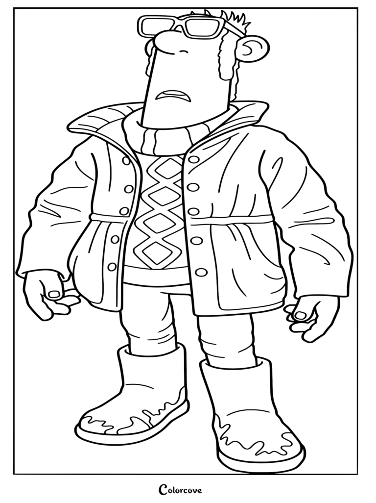 A detailed black and white coloring page of the Farmer from Shaun the Sheep wearing a heavy buttoned parka, a diamond-patterned sweater, and mud-covered wellington boots while sporting his thick-rimmed glasses.