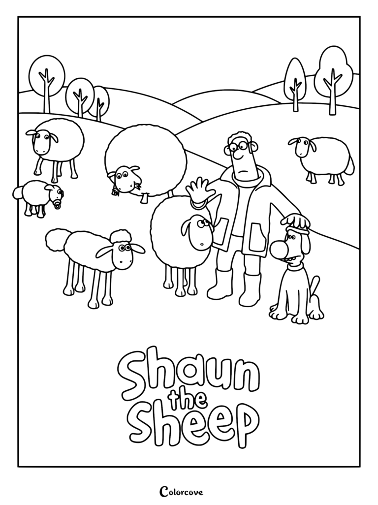 Shaun the Sheep characters including the Farmer, Bitzer, Shirley, and Timmy standing on rolling hills in a black and white coloring page.