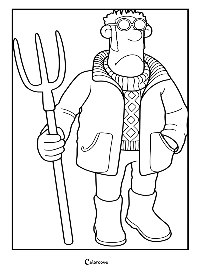 Shaun the Sheep coloring page of the Farmer wearing round glasses and boots while holding a three-pronged pitchfork.