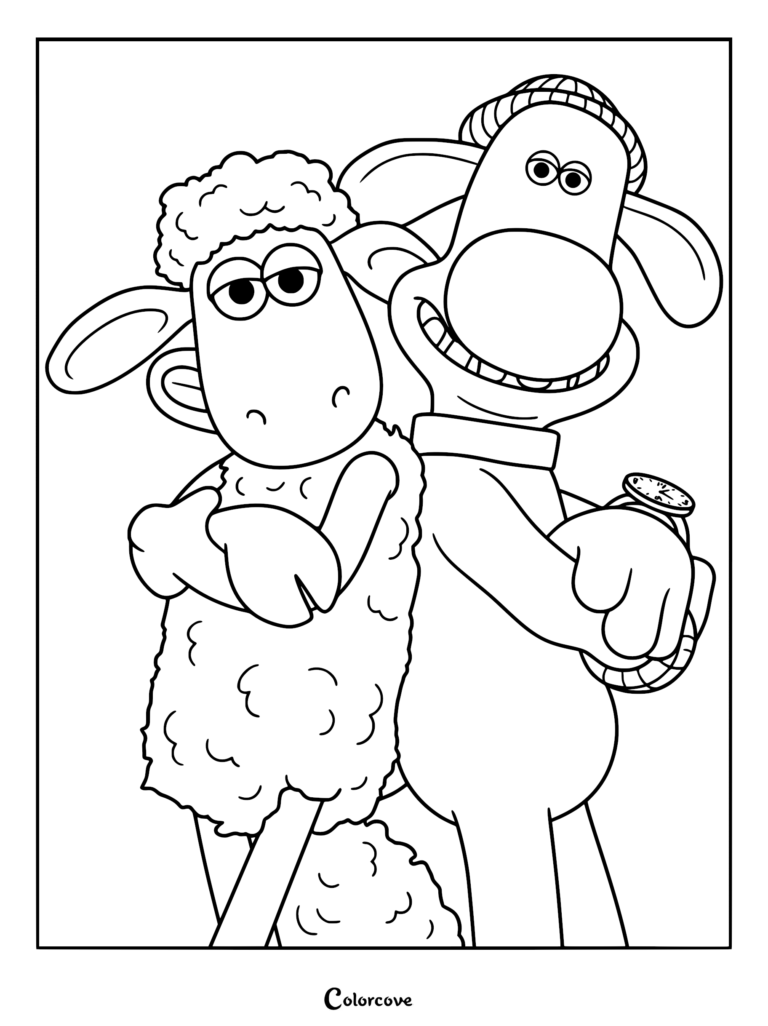 A detailed black and white line art coloring page showing Shaun the Sheep with crossed arms standing back-to-back with Bitzer the dog, who is wearing a knit hat and checking his wristwatch with a wide grin.
