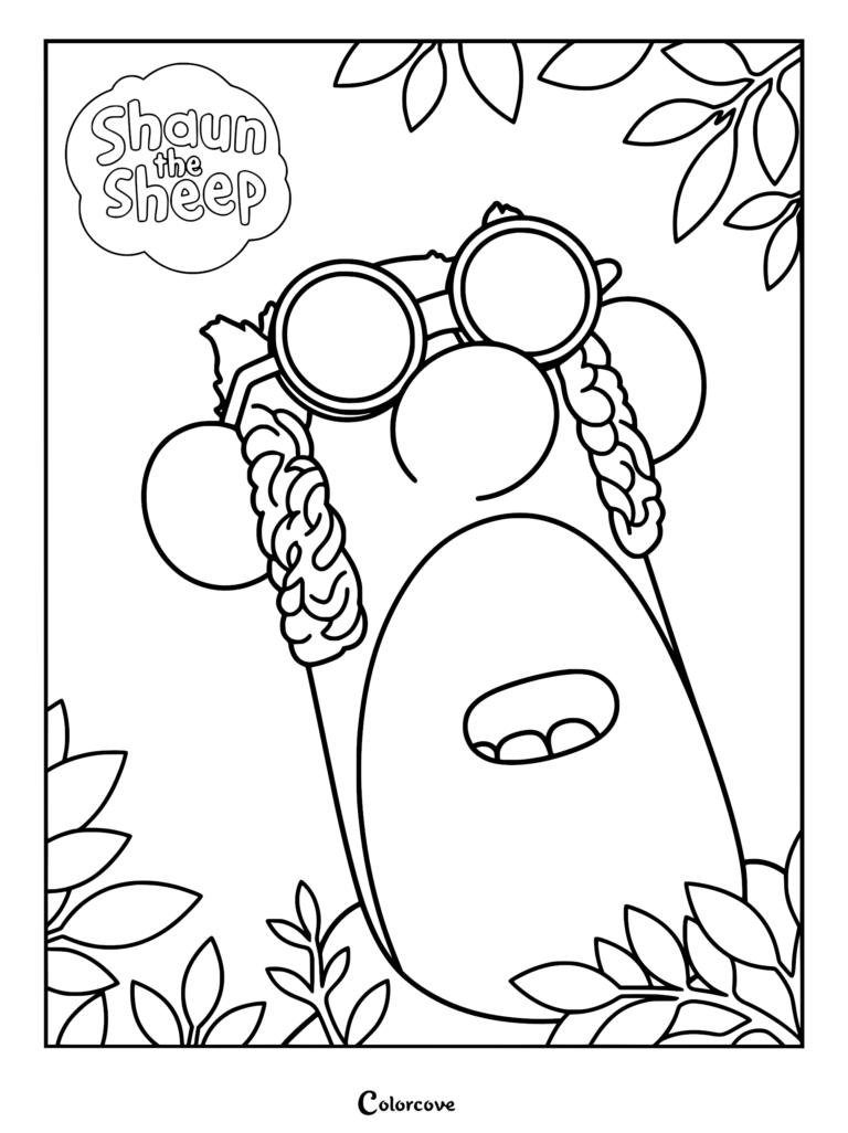 Printable Shaun the Sheep coloring page of a character wearing large round glasses surrounded by an outline of leaves.