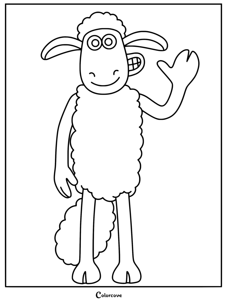 Black and white line art coloring page of Shaun the Sheep standing upright and waving his hoof with a toothy grin.