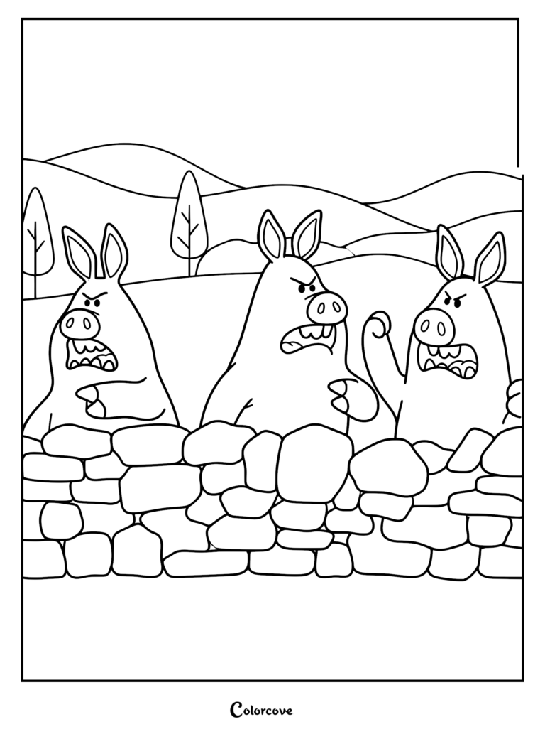 A detailed line art coloring page of the three Naughty Pigs from Shaun the Sheep looking angry and shouting from behind a stacked stone wall on a farm with rolling hills.