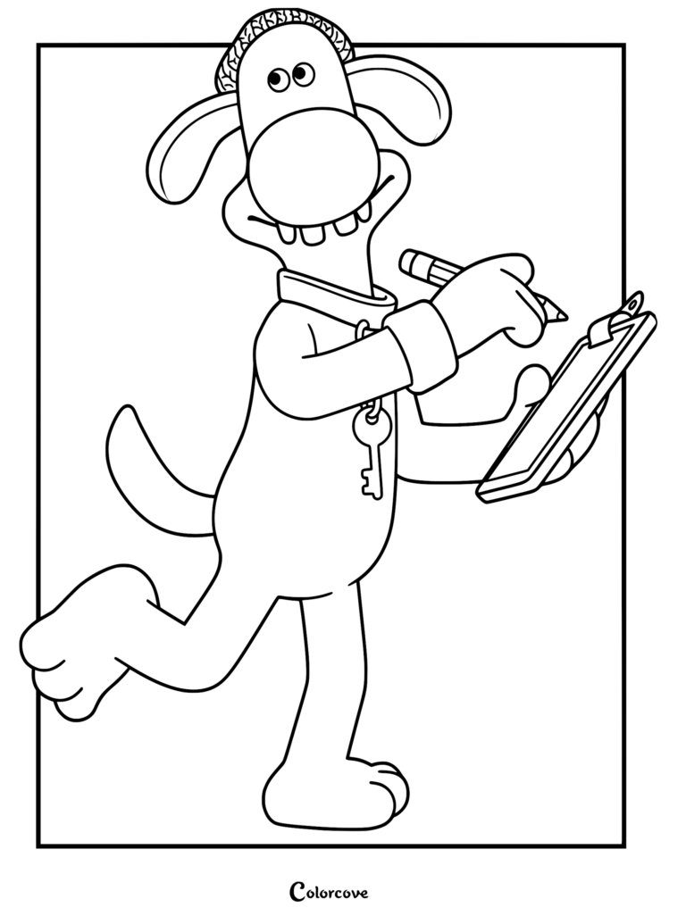 A black and white Bitzer the dog coloring page showing the character wearing a knit beanie and collar with a key while writing on a clipboard.