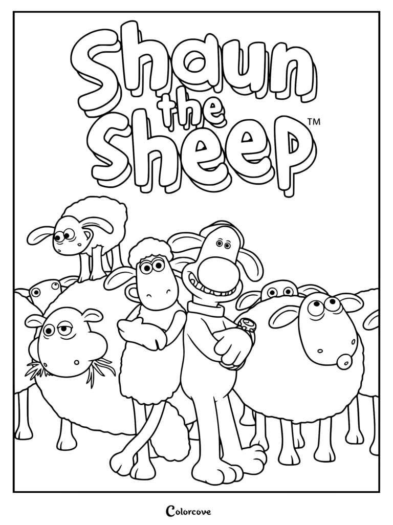 Shaun the Sheep coloring page featuring Shaun, Bitzer the sheepdog, baby Timmy, and Shirley chewing grass beneath a large bubble logo.