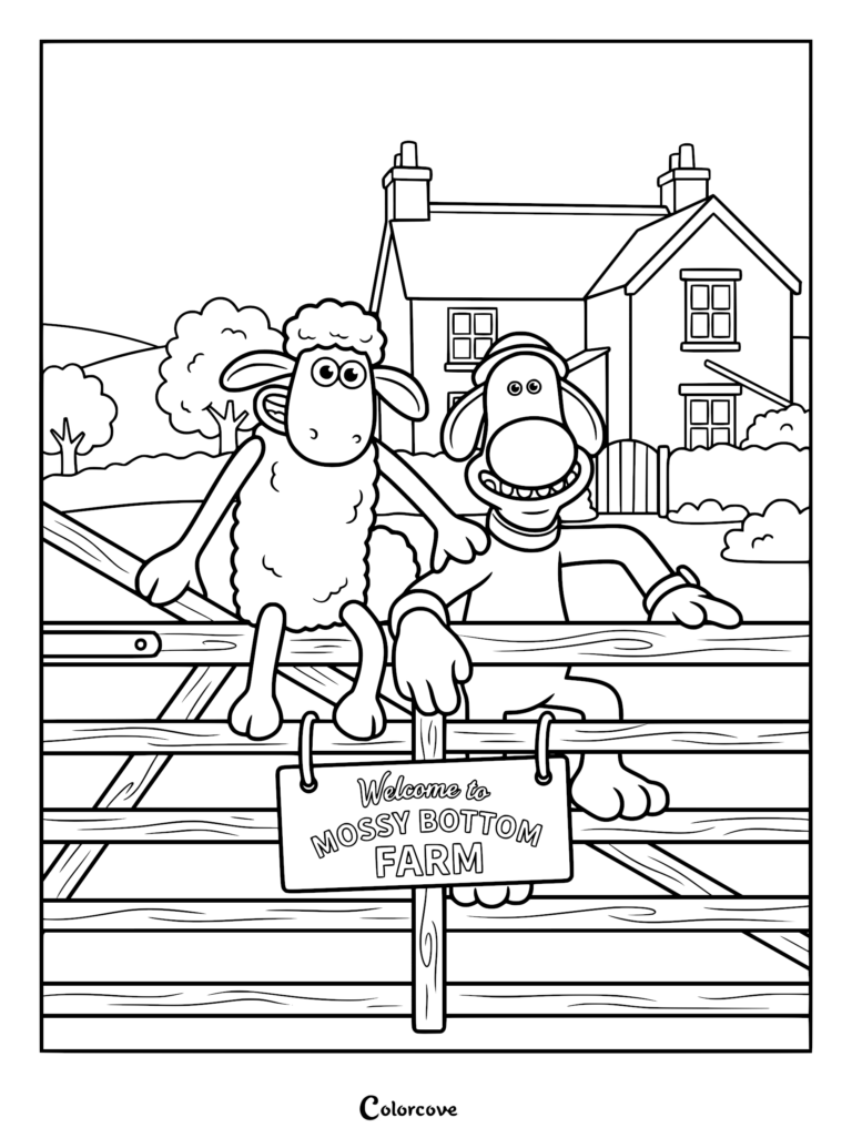 A detailed coloring page of Shaun the Sheep and Bitzer leaning over a wooden gate with a sign saying Welcome to Mossy Bottom Farm, featuring the farmhouse in the background.