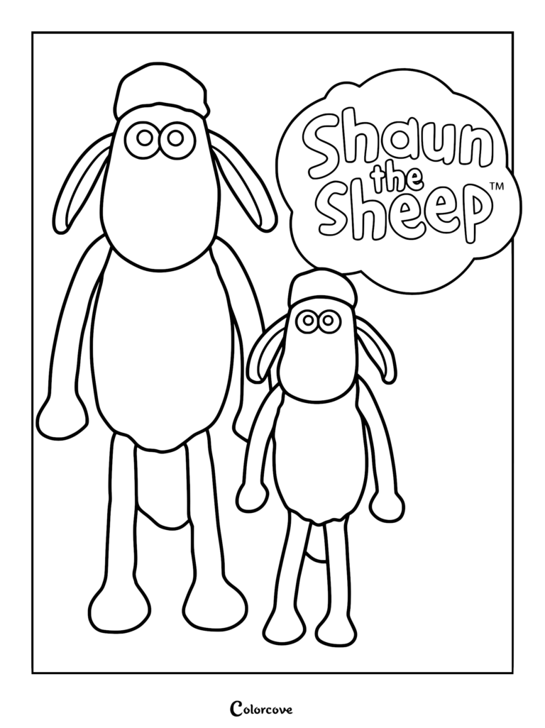 Black and white line art coloring page featuring Shaun the Sheep and Timmy standing beside the show's puffy cloud logo.