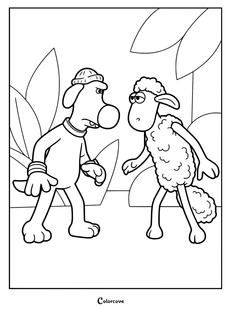 A detailed line art coloring page featuring Bitzer the dog in a beanie and wristbands staring at Shaun the Sheep.