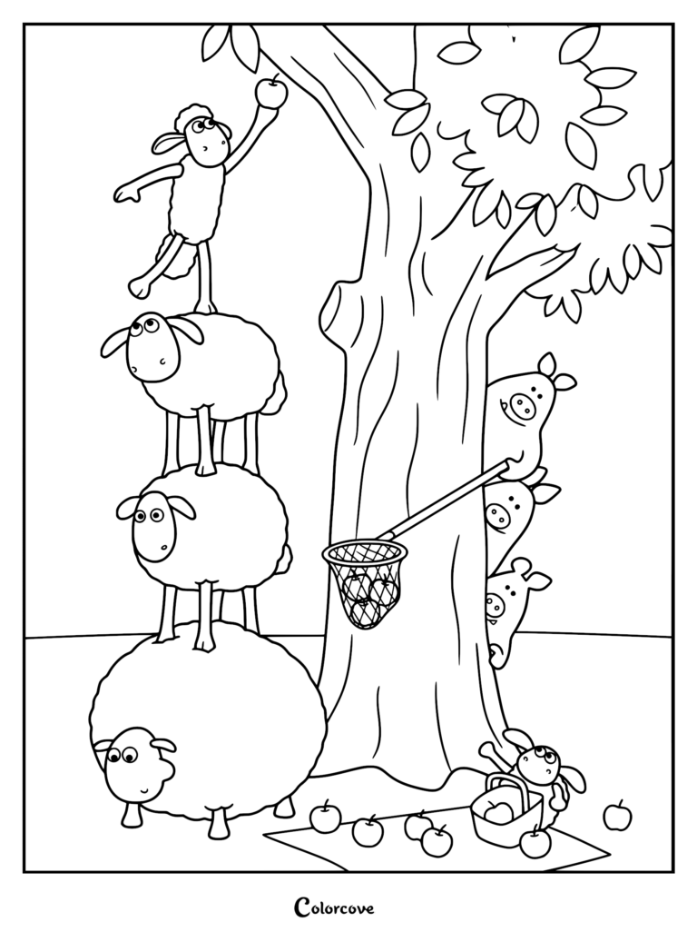 Shaun the Sheep standing on a tower of three stacked sheep to reach an apple on a tree branch in this line art coloring page, with the Naughty Pigs peeking from behind the trunk with a net.