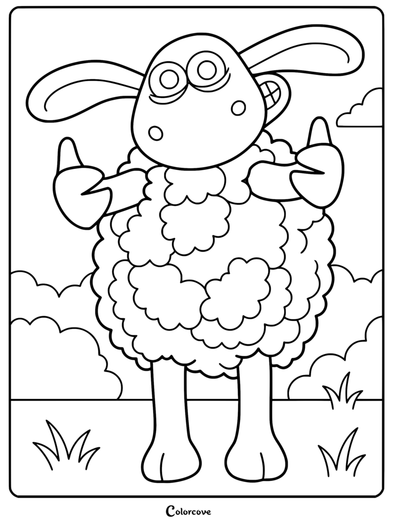 Black and white line art coloring page of Shirley the large sheep from Shaun the Sheep, standing in a field with fluffy wool and giving two thumbs up.