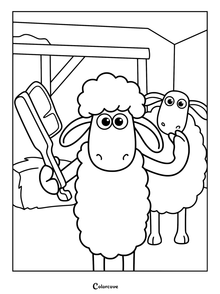 Shaun the Sheep coloring page featuring Shaun holding a large grooming brush with another sheep peering over his shoulder inside a barn.