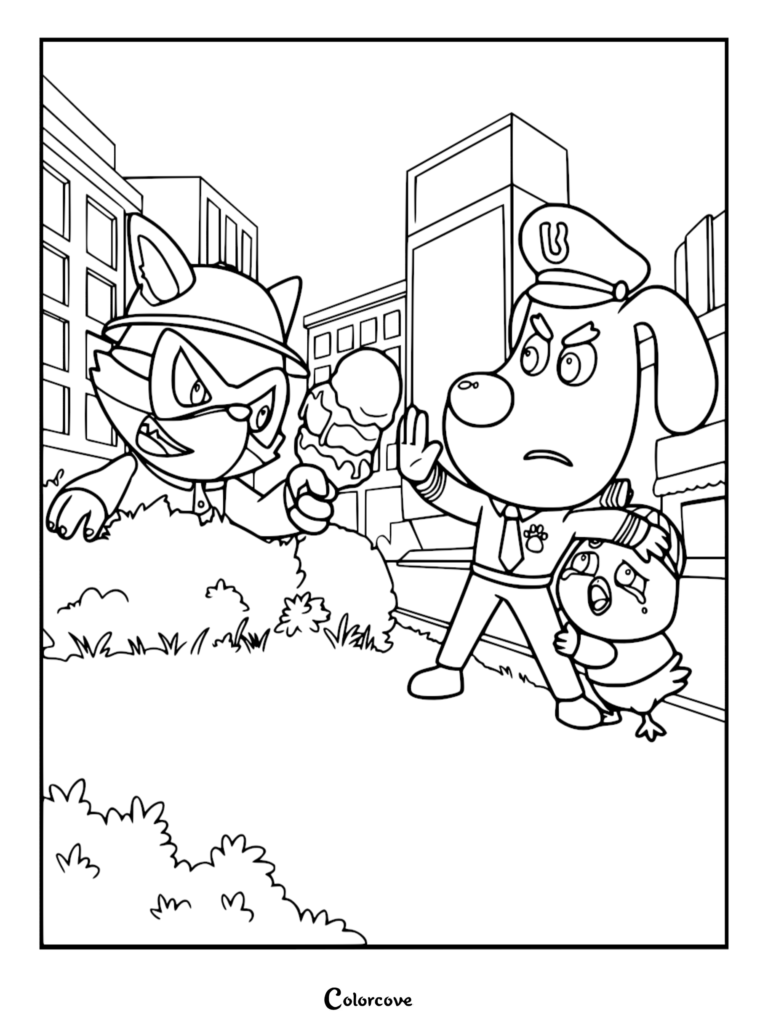 Sheriff Labrador debout devant un Petit Canard en pleurs pour arrêter Renard Roux, qui tient un cornet de glace, sur ce coloriage à imprimer.
