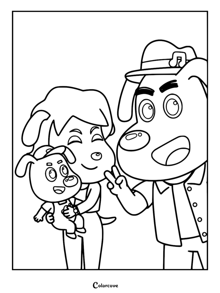 Sheriff Labrador portant sa casquette de police et faisant un signe de paix à côté d'un personnage tenant Dodo sur ce coloriage à imprimer.