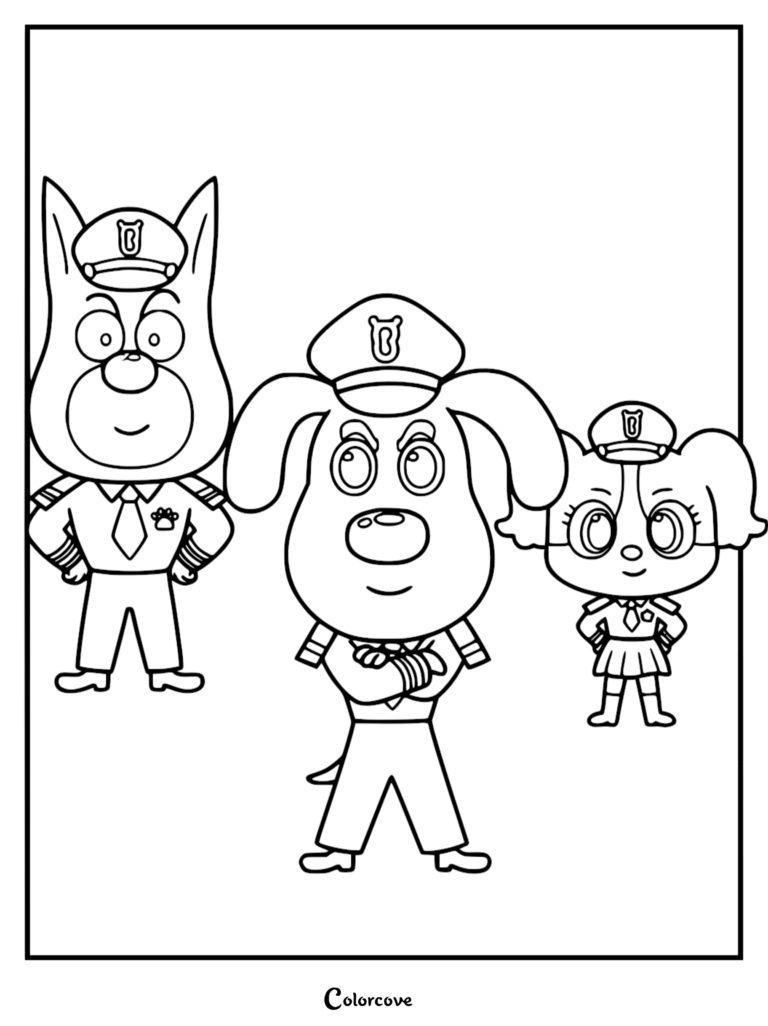 Un coloriage à imprimer représentant Sheriff Labrador debout au centre les bras croisés, flanqué de Officier Dobie à gauche et Officier Papillon à droite, tous en uniformes de police.
