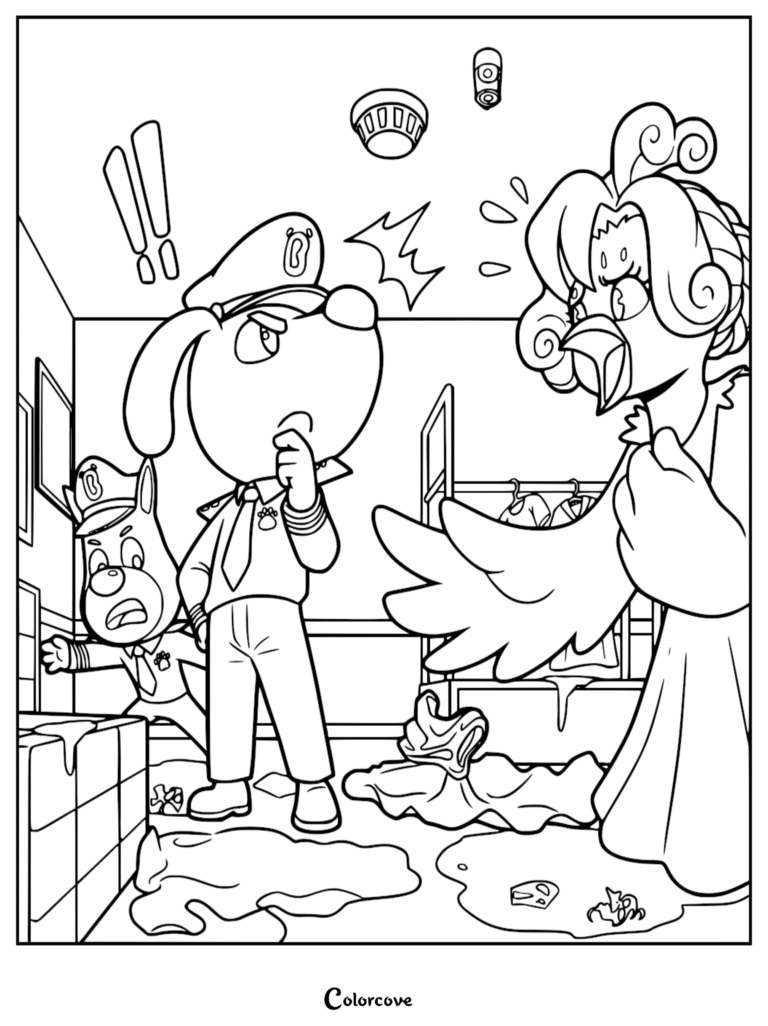 Sheriff Labrador et Dobie en uniformes de police enquêtant dans une pièce en désordre avec un personnage d'oiseau, coloriage au trait noir et blanc.