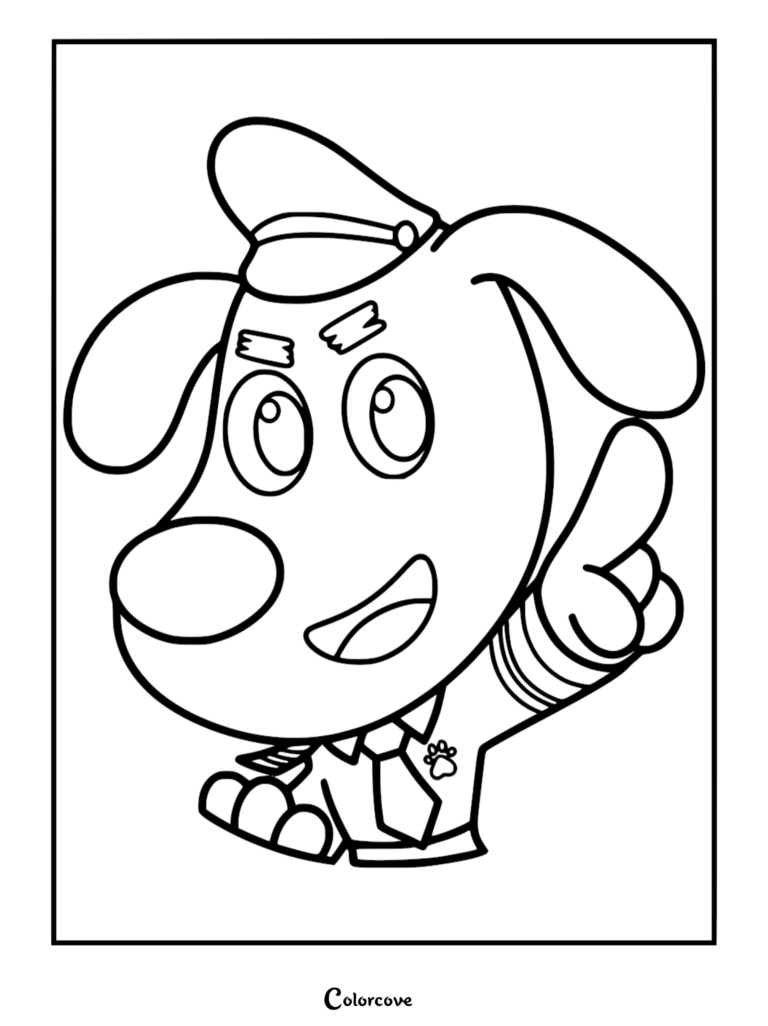 Sheriff Labrador portant son uniforme de police et sa casquette, pointant son doigt vers le haut sur ce coloriage à imprimer.
