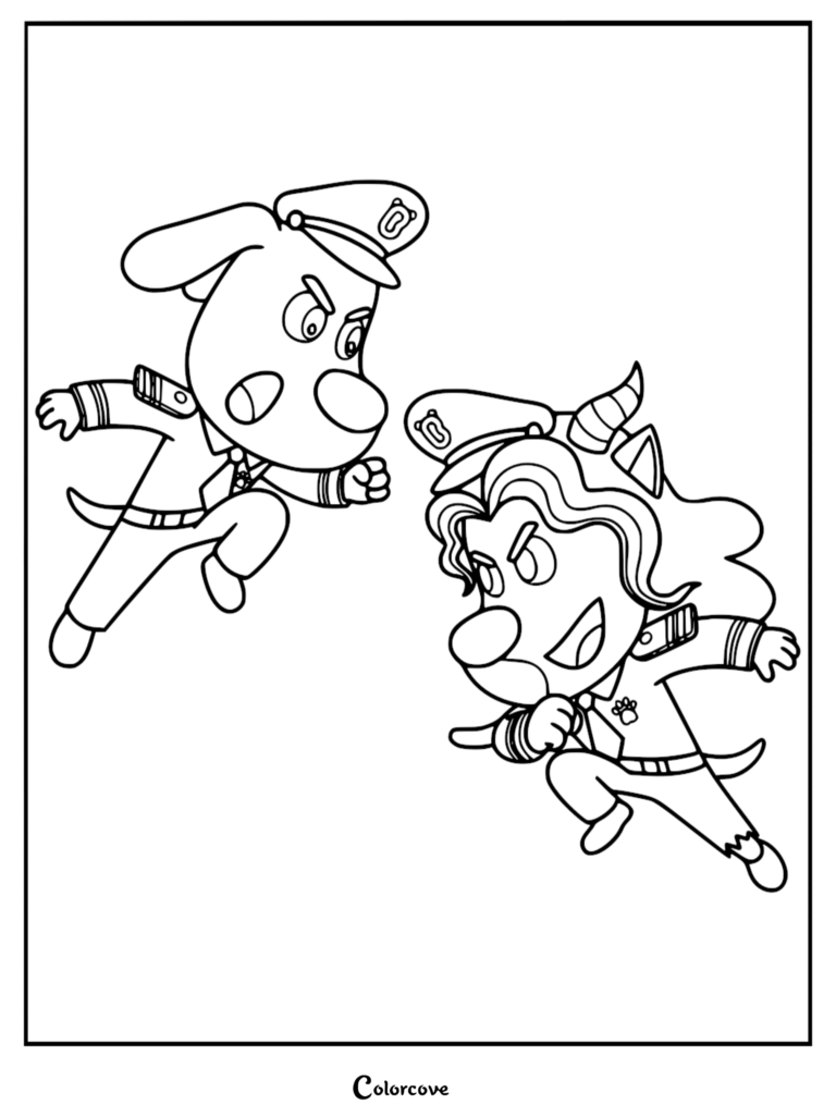 Un coloriage à imprimer représentant Sheriff Labrador dans son uniforme de police bondissant vers le Dr. Antel, qui porte sa blouse de laboratoire et possède des cornes proéminentes, les deux personnages dans une pose d'action dynamique.