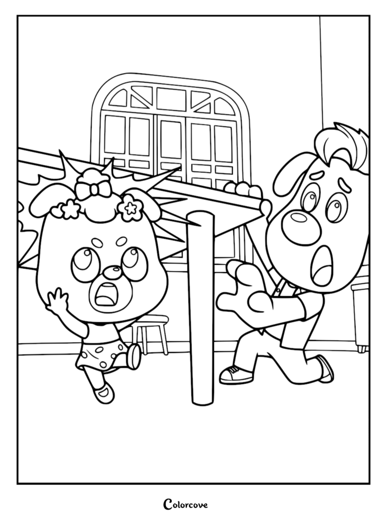 Sheriff Labrador l'air surpris alors que Dodo se cogne la tête sur une table sur ce coloriage à imprimer.