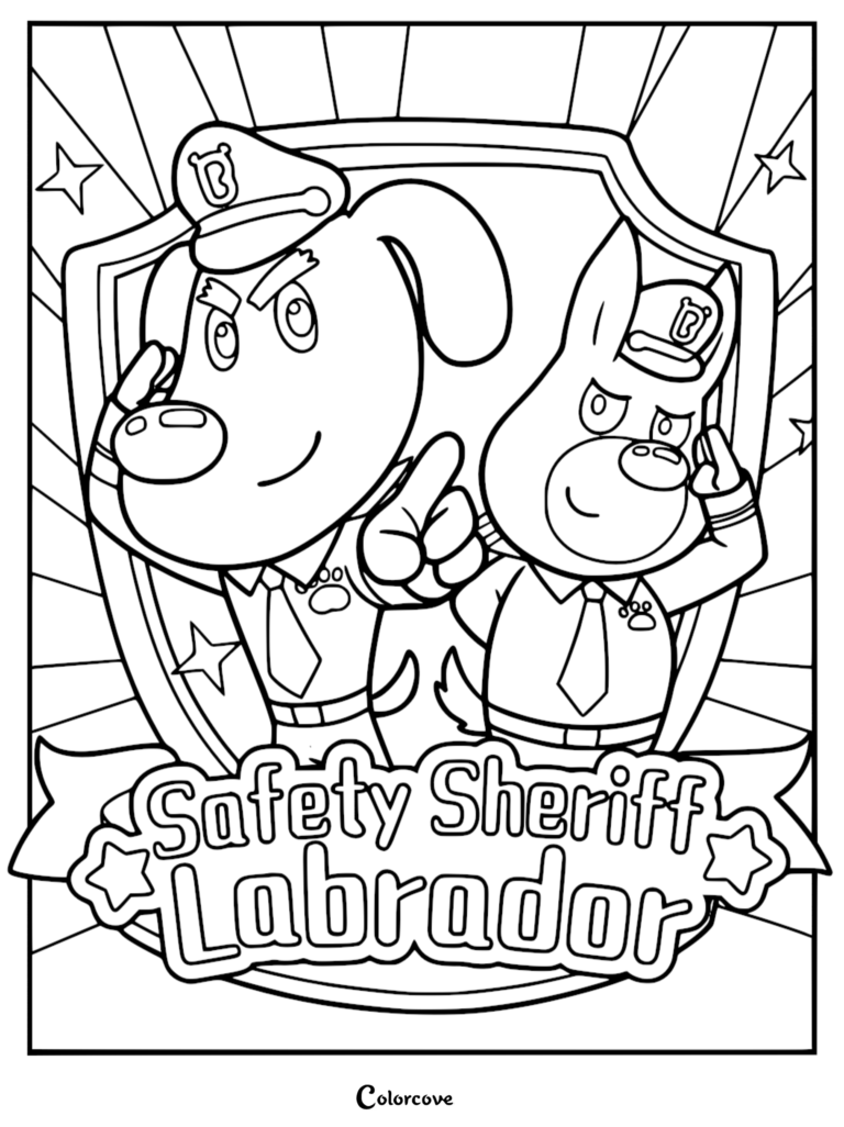 Sheriff Labrador et Dobie en uniformes de police saluant devant un grand bouclier de badge, coloriage à imprimer.