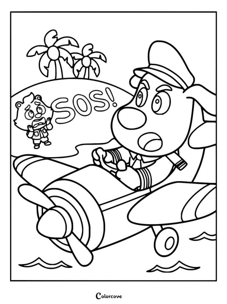 Sheriff Labrador en uniforme et casquette pilotant un petit avion à hélice vers une île tropicale où un personnage en détresse appelle à l'aide, sur ce coloriage à imprimer.