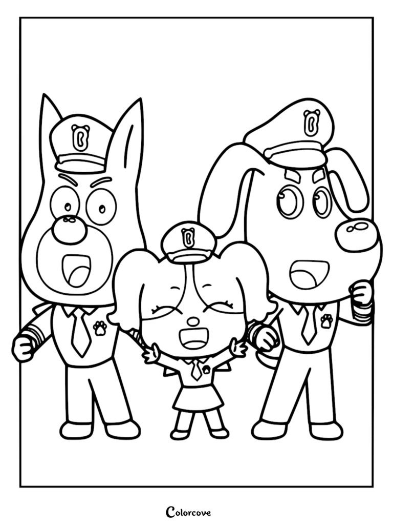 Un coloriage en noir et blanc représentant Sheriff Labrador, Officier Dobie et Officier Papillon debout ensemble dans leurs uniformes de police.