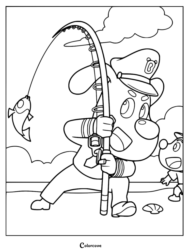 Sheriff Labrador en uniforme de police tenant une canne à pêche avec un poisson attrapé, tandis que Dodo regarde à proximité sur ce coloriage à imprimer.