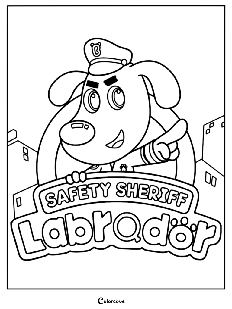 Sheriff Labrador portant sa casquette et son uniforme, pointant vers l'avant derrière un logo Safety Sheriff Labrador, coloriage au trait.