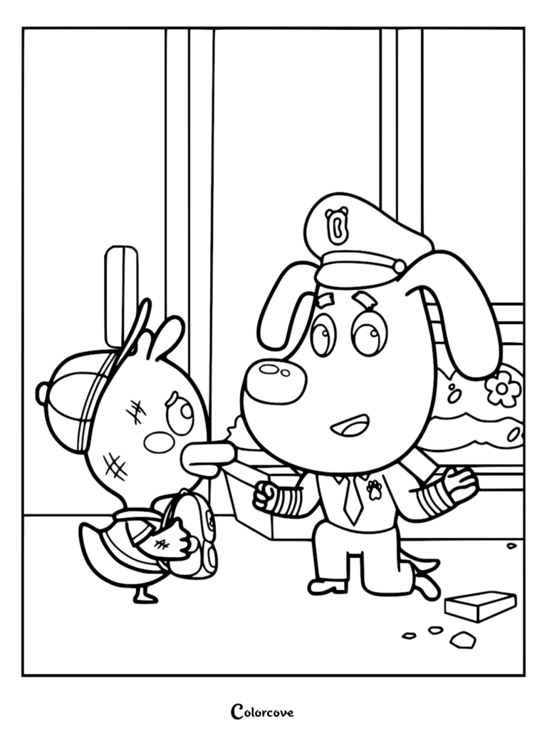 Sheriff Labrador en uniforme de police parlant à Petit Canard qui porte une casquette et tient un petit sac sur ce coloriage à imprimer.
