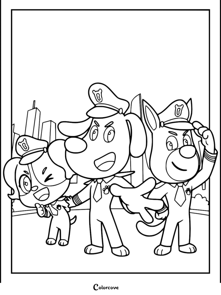 Sheriff Labrador, Officier Dobie et Officier Papillon en uniformes de police debout ensemble dans une scène de ville, coloriage à imprimer.