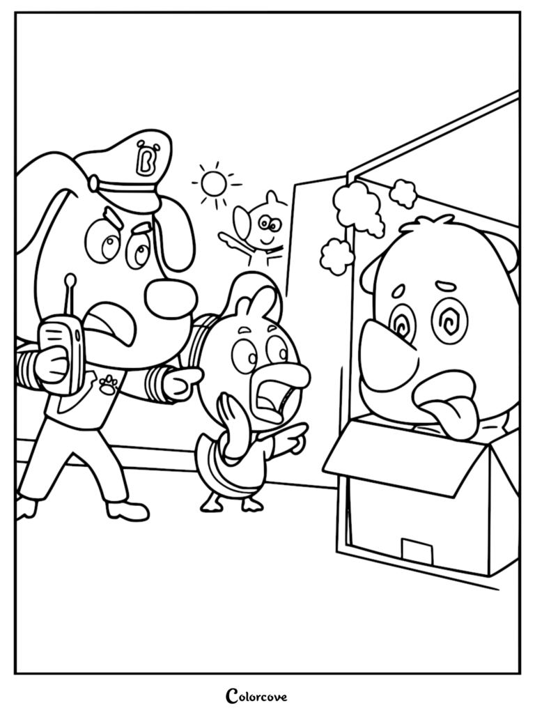 Sheriff Labrador tenant un talkie-walkie et pointant un personnage hébété dans une boîte tandis que Petit Canard regarde avec surprise, coloriage à imprimer.