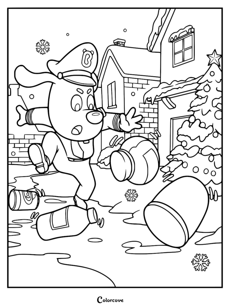 Sheriff Labrador en uniforme et casquette courant dans une rue enneigée pour ramasser des poubelles et des bouteilles près d'un sapin de Noël, coloriage au trait.